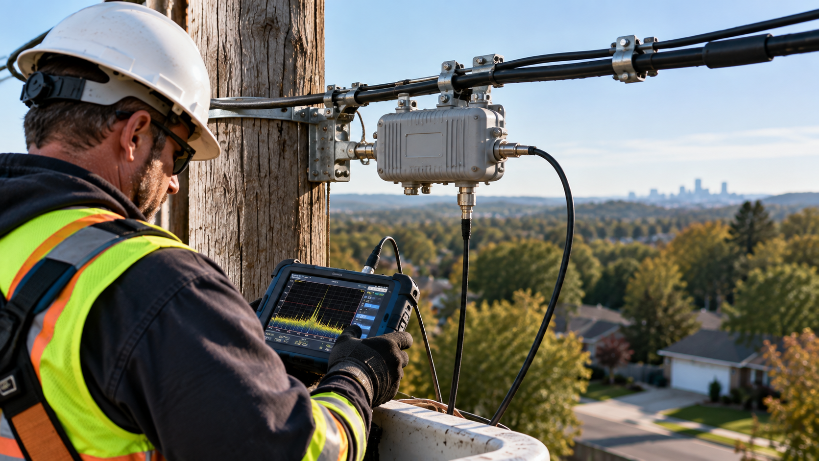 Broadband field technician evaluating network performance